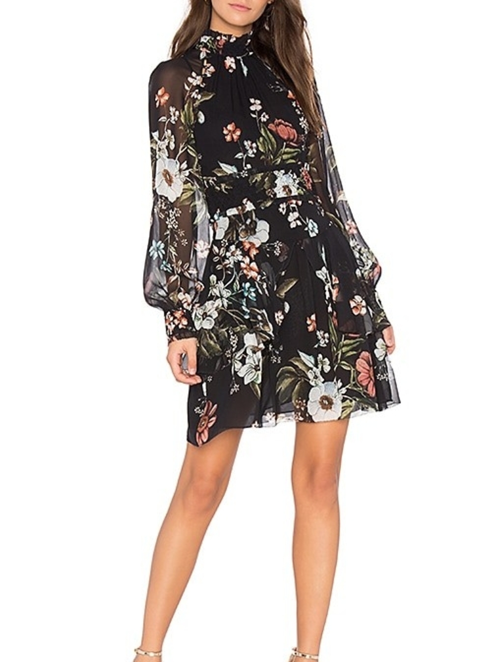 NICHOLAS Black Floral Silk Long Sleeve High-Neck Cocktail Dress